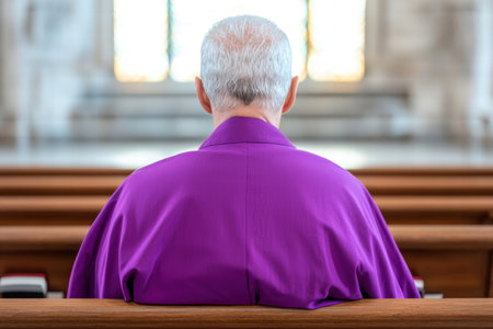 Priest in purple robe sitting in church pewの素材