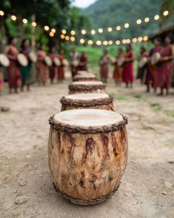 Festive outdoor gathering with traditional drumsの素材