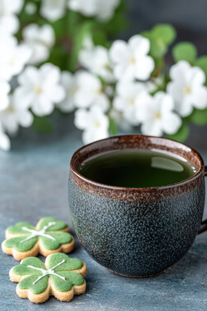 Cozy cup of green tea with shamrock-shaped cookiesの素材