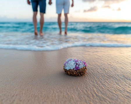 Peaceful sunset beach scene with flowersの素材