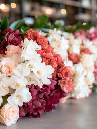 Vibrant floral arrangement with roses, orchids, and hydrangeasの素材