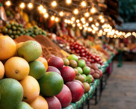 Vibrant display of fresh fruits at a night marketの素材