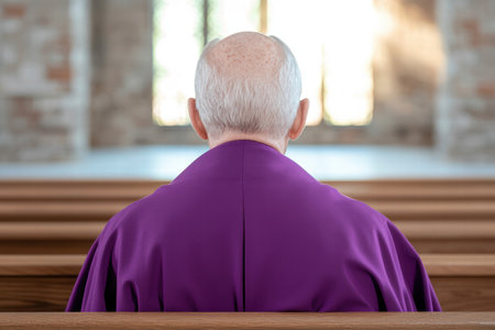 Elderly man in purple robe sitting in churchの素材