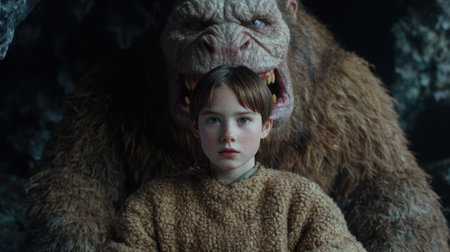 young child in fur coat standing in front of large furry creatureの素材