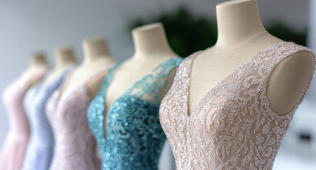 Elegant beaded and sequined wedding dresses on displayの素材