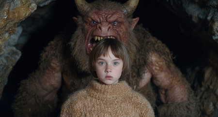young child facing a fearsome creatureの素材