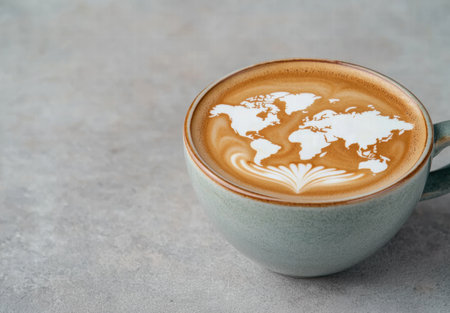 world map latte art in coffee cupの素材