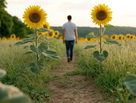 person walking through sunflower fieldの素材