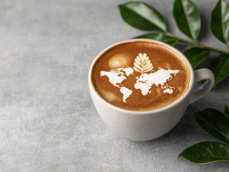 world map latte art on coffee cupの素材