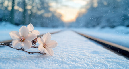 Snowy winter landscape with blooming flowersの素材