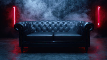 Dramatic black leather sofa in moody lightingの素材