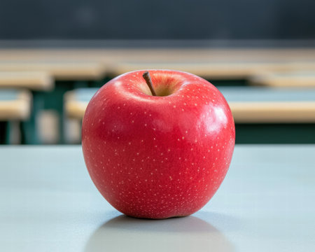 Bright red apple on a tableの素材