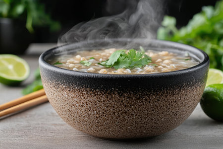 Steaming bowl of asian noodle soup with vegetablesの素材
