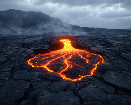 Dramatic volcanic landscape with glowing lava flowの素材