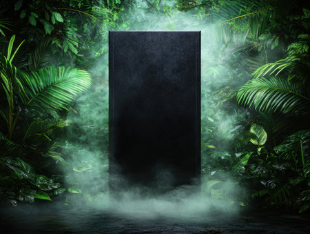 mysterious black monolith in mystical jungle landscapeの素材