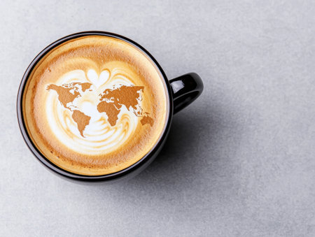 world map latte art in coffee cupの素材