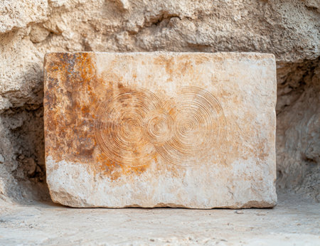 Ancient carved stone with spiral patternsの素材