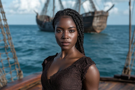 portrait of a young woman with braided hair on a shipの素材