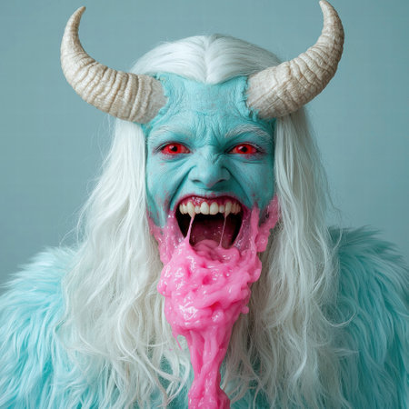 Frightening Creature with Horns and Glowing Red Eyesの素材