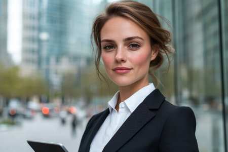 Confident businesswoman in urban settingの素材