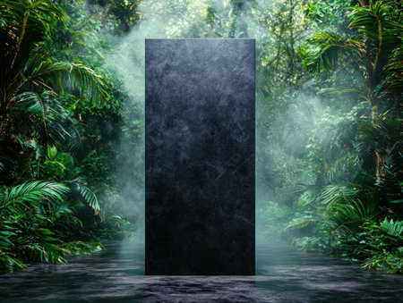 mysterious black monolith in tropical jungle landscapeの素材