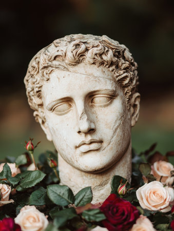 Serene stone statue surrounded by vibrant rosesの素材