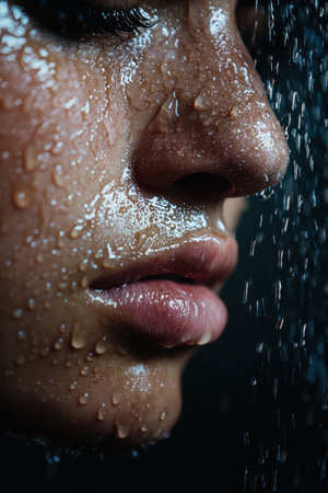Close-up of a person's face with water dropletsの素材