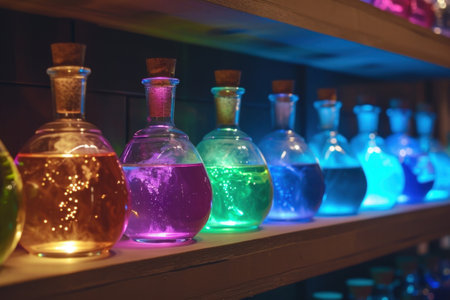 Colorful glass bottles with mysterious liquids on a shelfの素材