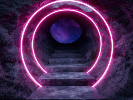 Glowing neon tunnel leading to starry night skyの素材