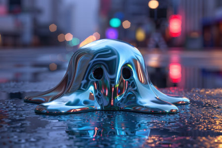 Surreal melting sculpture in night cityの素材