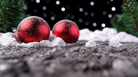 Festive red christmas ornaments in snowの素材