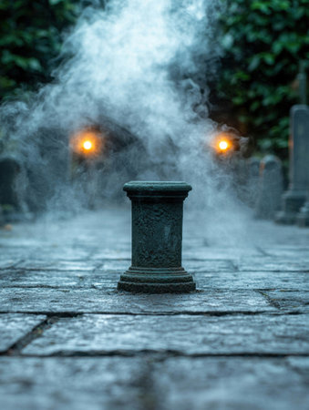 Mysterious fountain in misty forestの素材