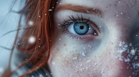Closeup of a blue eye with long eyelashes in a snowy winter sceneの素材