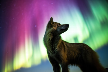 Majestic wolf silhouetted against colorful northern lightsの素材