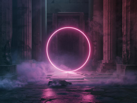 Glowing Neon Circle in Misty Ruinsの素材