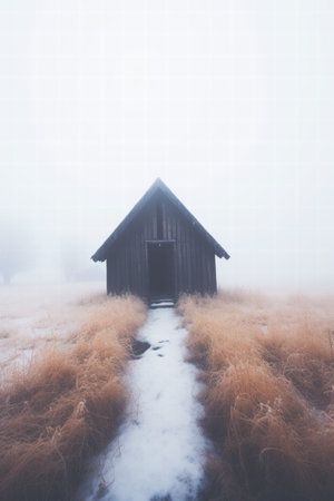 Mysterious cabin in the foggy wildernessの素材