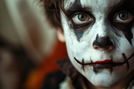 close-up of a person in scary clown makeupの素材