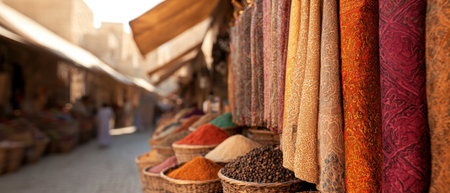 Colorful textiles and spices in a traditional marketの素材