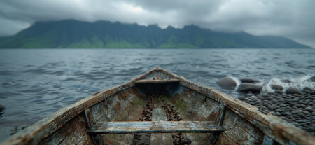 Wooden boat on serene lake with dramatic mountain backdropの素材