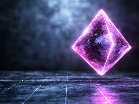Glowing neon crystal pyramid in dark moody atmosphereの素材