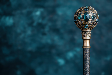 Ornate golden scepter with blue gems on a dark backgroundの素材