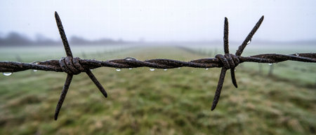 Rusty barbed wire with water dropletsの素材