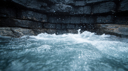 Flowing water and snowfall in a dark caveの素材