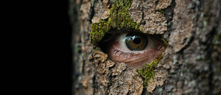 Mysterious eye peeking through tree barkの素材