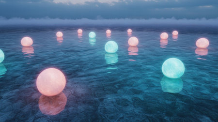 Glowing orbs floating on a serene oceanの素材