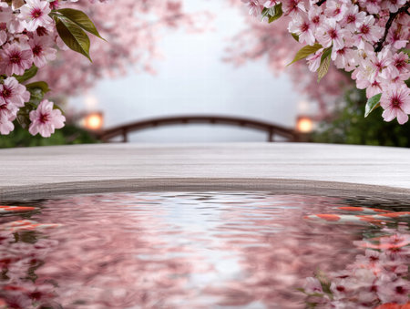 serene cherry blossom pond reflectionの素材