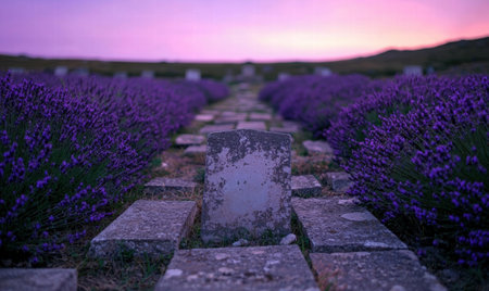 Serene lavender field at sunsetの素材