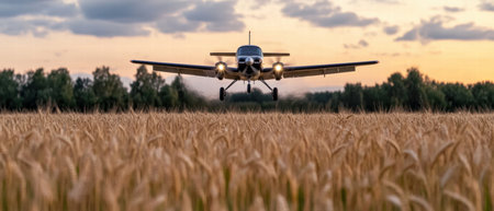 small private plane flying over golden wheat field at sunsetの素材