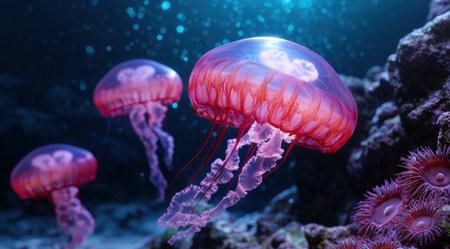 Vibrant jellyfish swimming in the deep oceanの素材