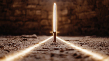 Glowing sword on rocky groundの素材